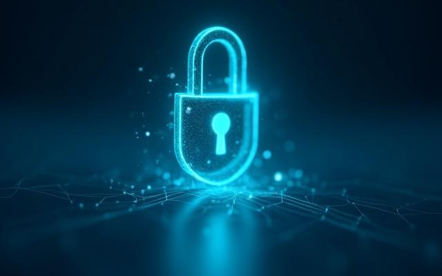 データのセキュリティと保護を示す抽象的な画像。鍵と盾のアイコンがデジタルネットワークの上にある。